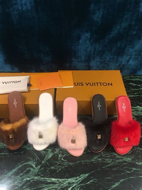 louis vuitton slippers with lock|Louis Vuitton fluffy slippers.